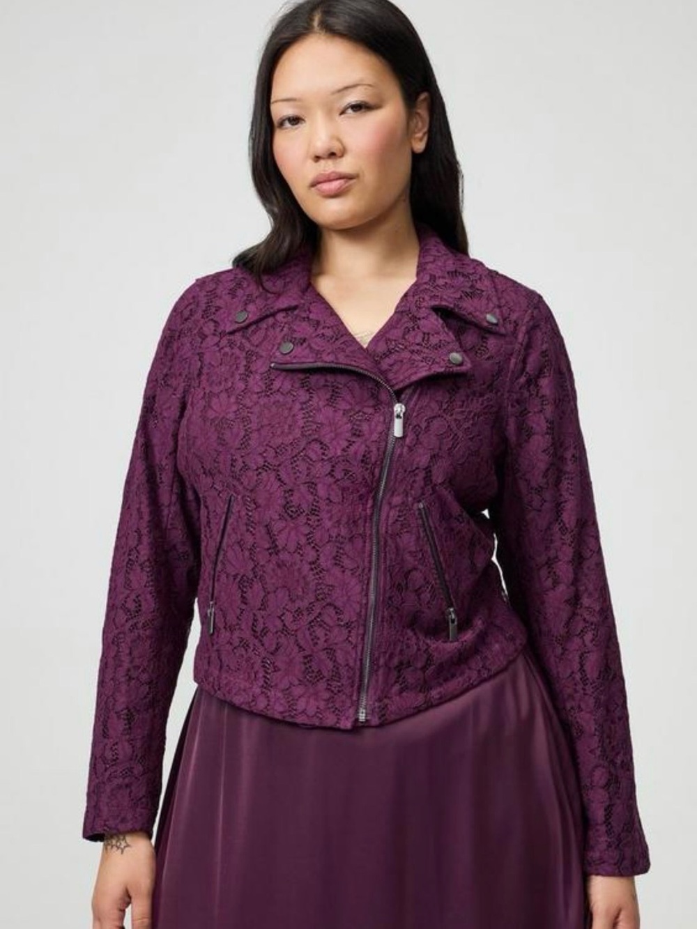 ISO - Torrid Crochet Lace Moto Jacket potent purple sz 1 NOT FOR SALE!